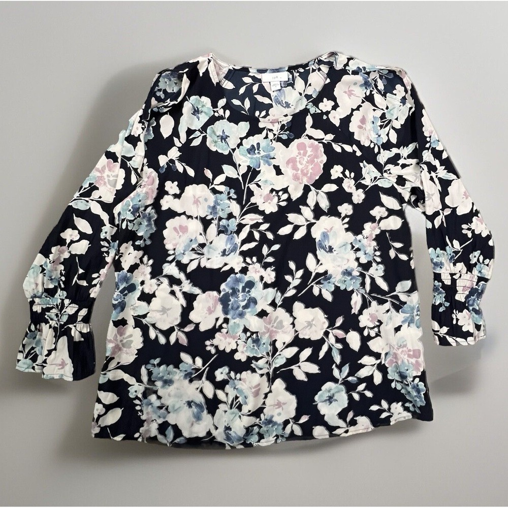 J. Jill Floral Blouse Women Size S Navy Blue Smocked Ruffle Cuff Long Sleeve Top